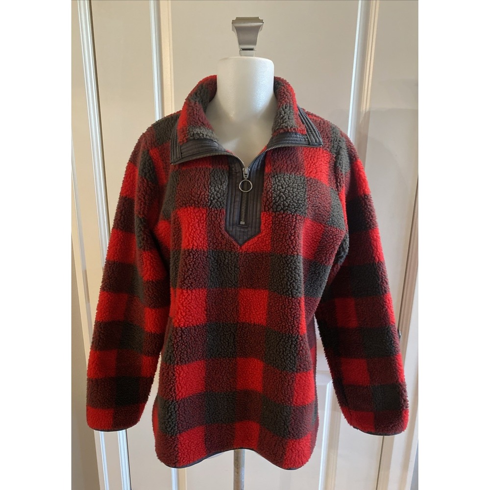 Abercrombie Fitch Sweatshirt Womens‎ Medium Red Buffalo Plaid 1/4 Zip Pullover